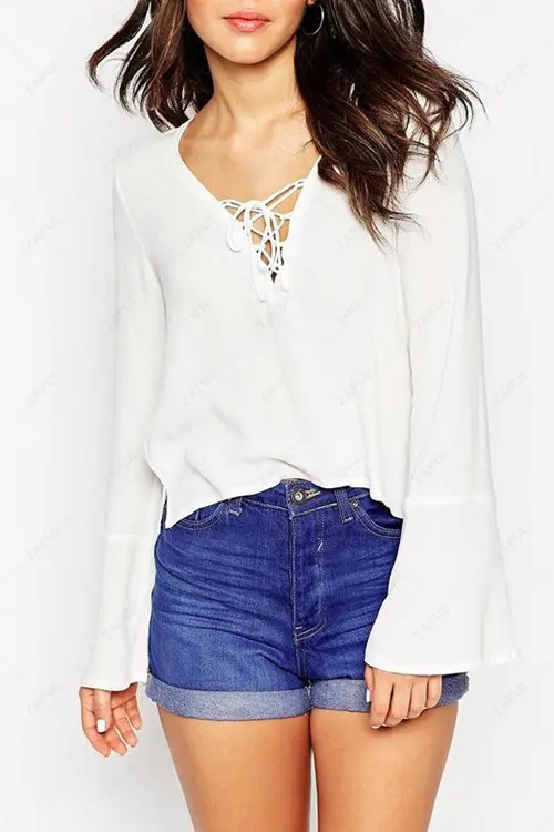 Bell Sleeve Lace-Up Chiffon Blouse | ZAFUL (Global)