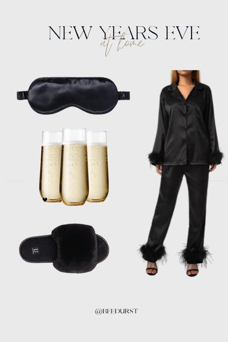 new Years Eve outfit for a cozy night in! Satin pajama set, eye mask, slippers, champagne flutes

#LTKHoliday #LTKstyletip #LTKSeasonal