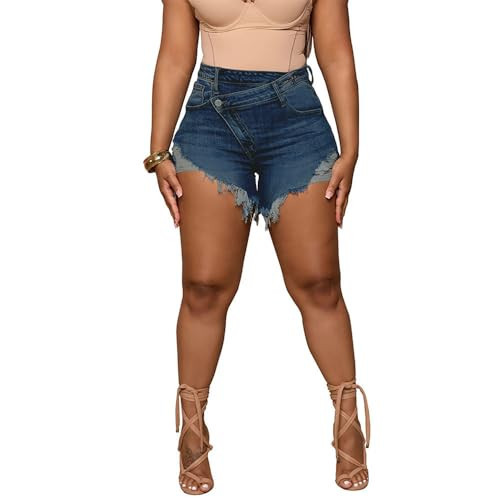 PINSV Women's High Waisted Crossover Jean Shorts Ripped Raw Hem Summer Hot Denim Shorts Dark Blue M | Amazon (US)