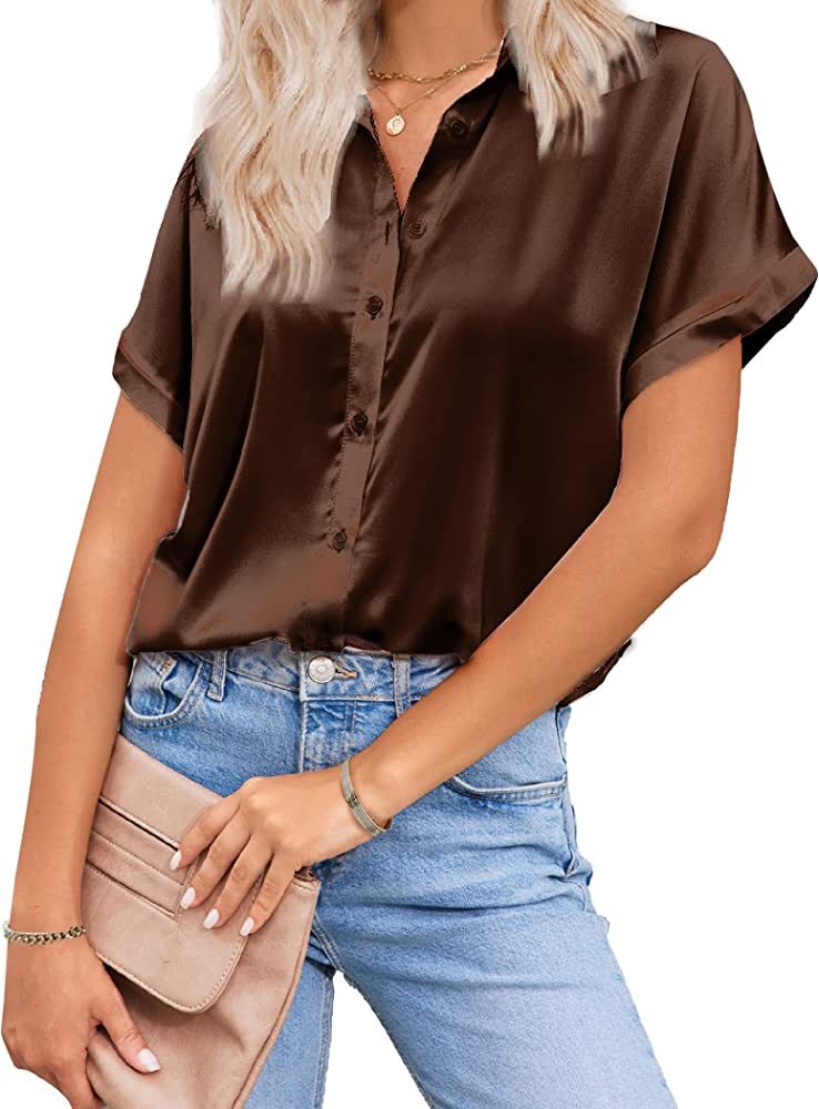 Hotouch Satin Silk Women Button Down Shirt Long Sleeve V Neck Casual Loose Work Office Blouse Tun... | Amazon (US)