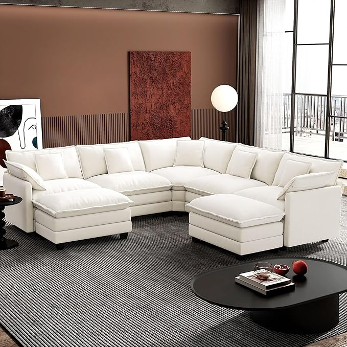 Ihanherry 114" V-Shaped Modern Sofa Modular Sectional Cloud Couch with 2 Ottoman, 7-Seat Chenille... | Amazon (US)