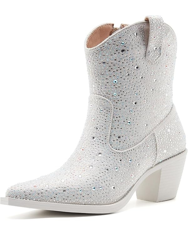 Women's Rhinestone Cowboy Boots Thick Root High Heel Pointed Toe Sparkling Cowgirl Boots | Amazon (US)