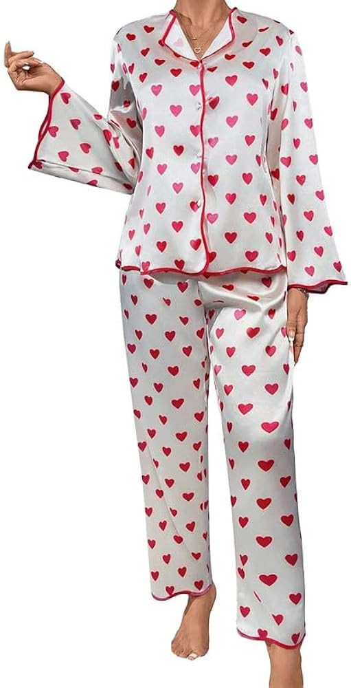 Juakoso Women 2 Piece Floral Pajama Set Long Sleeve Button Down Blouse Heart Printed Lounge Pants... | Amazon (US)