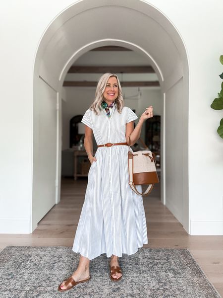 Wednesday OOTD // who doesn’t love a good shirt dress!? This one is a crisp cotton poplin that doesn’t wrinkle easily. The belt is perfect for all styles bc it’s adjustable for waist & hips. I added the scarf for a little Parisian flair 😍


#sugarplumstyle 

#LTKfindsunder100 #LTKstyletip #LTKover40