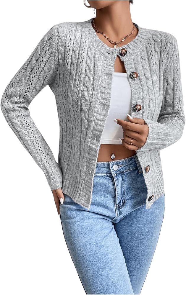 Verdusa Women's Button Front Cable Knit Crop Cardigan Sweater Long Sleeve Knit Shrug | Amazon (US)