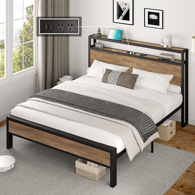 AMERLIFE Queen Size Bed Frame Industrial Platform Bed with Charging Station, 2-Tier Storage Headb... | Amazon (US)
