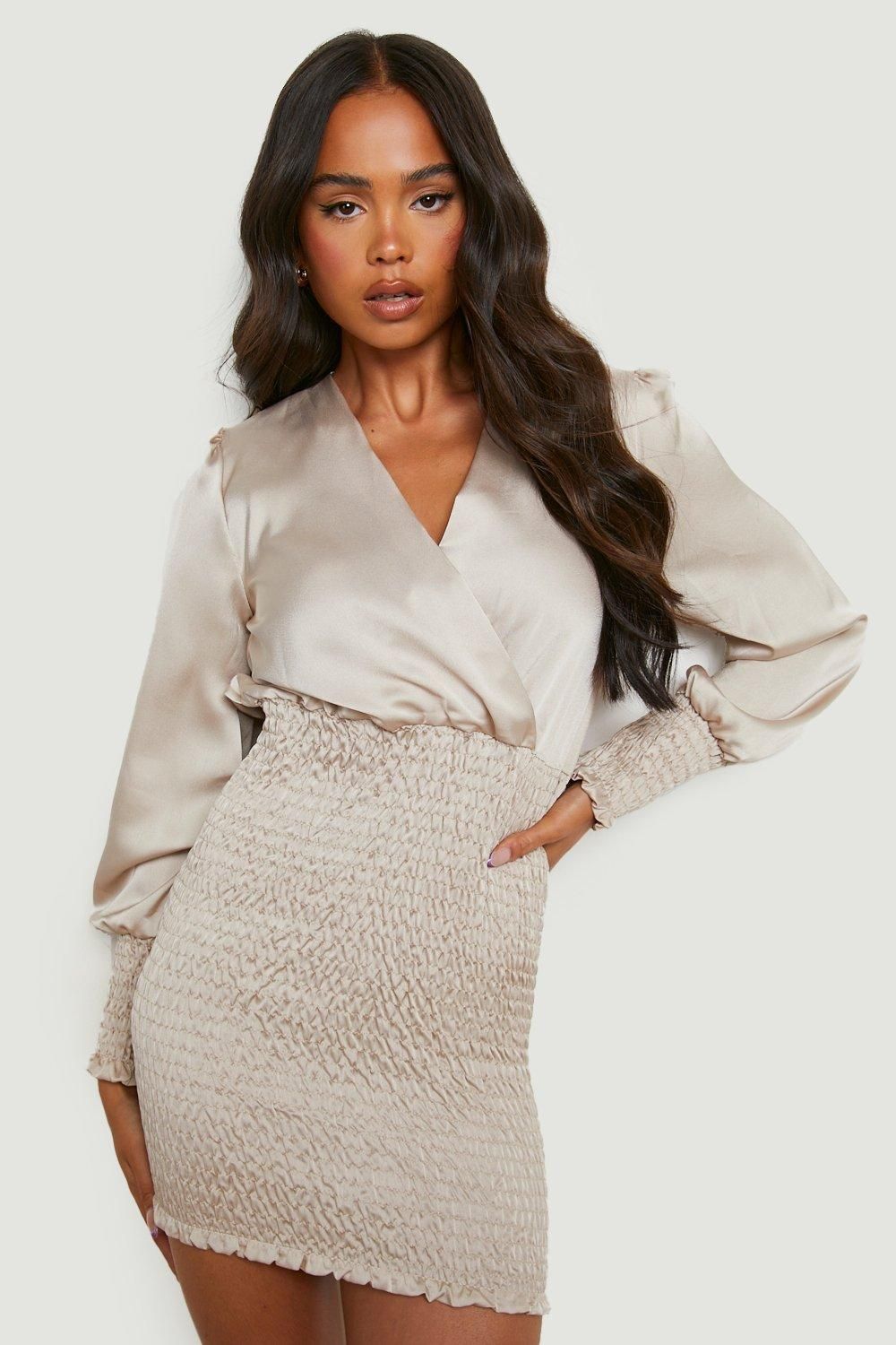 Womens Petite Satin Shirred Wrap Dress - Beige - 2 | Boohoo.com (US & CA)