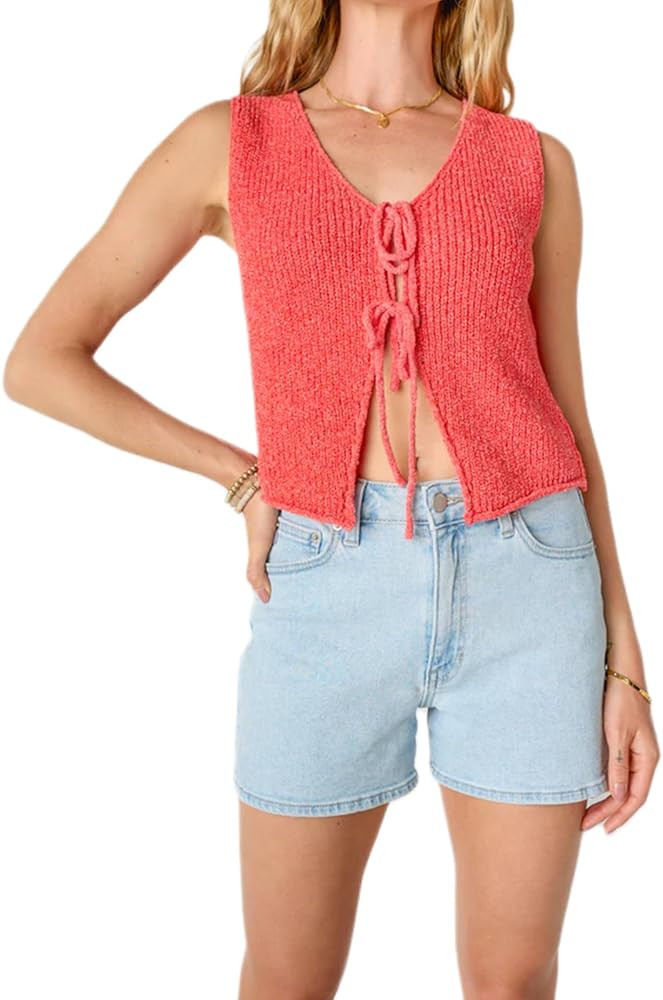 Women Vest Top Tie Front Crochet Knit Vest Y2k Sleeveless Going Out Tops Fashion Streetwear | Amazon (US)