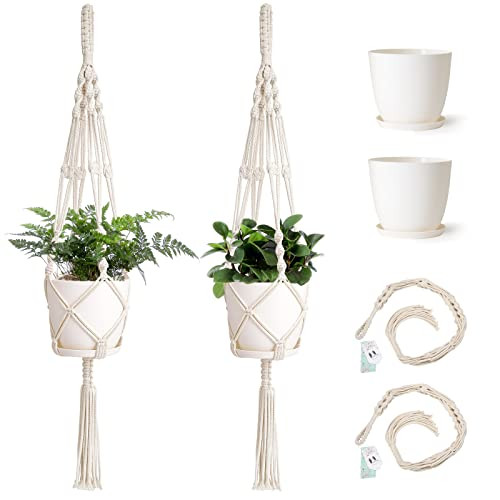 Mkono Macrame Plant Hangers with Pots 6.5 Inch Plastic Planter Included Indoor Hanging Planters Bask | Amazon (US)