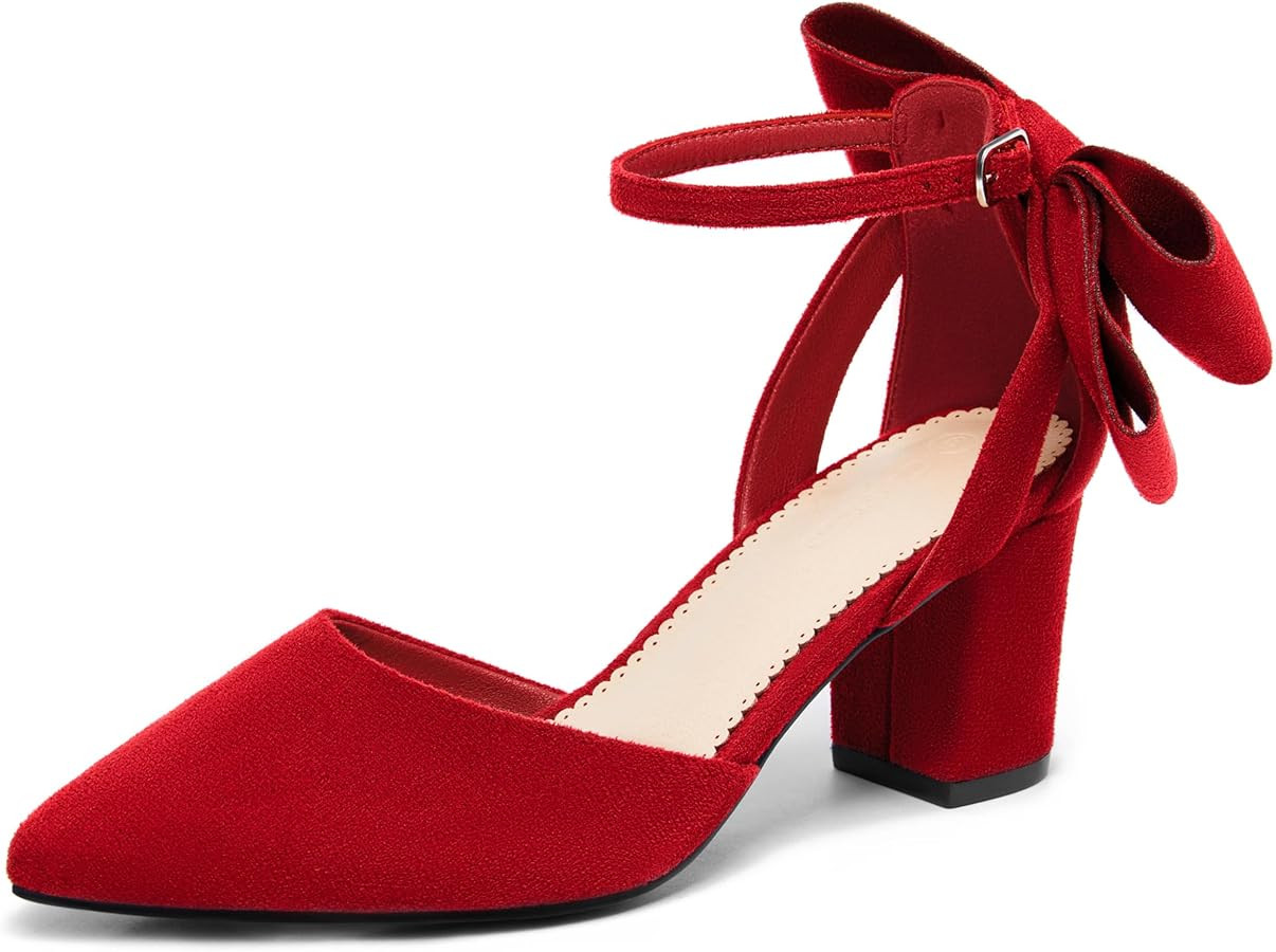 Coutgo Womens Chunky Heels Low Heel Ankle Strap D'Orsay Pumps Closed Pointed Toe Wedding Bridal S... | Amazon (US)