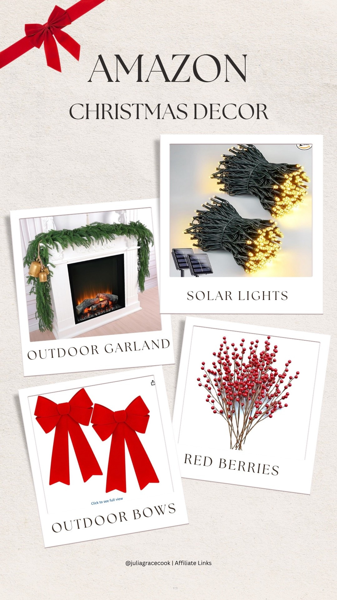 I’m going with a classic Christmas bannister for my front patio this year! So I grabbed all of this from Amazon to bring my vision to life. Since we don’t have a plug nearby, I want to try adding solar lights and then adding red berries for a touch of color, and of course outdoor weather bows so they don’t get gross! Stay tuned to see how this all turns out. 

#LTKSeasonal #LTKHoliday #LTKHome