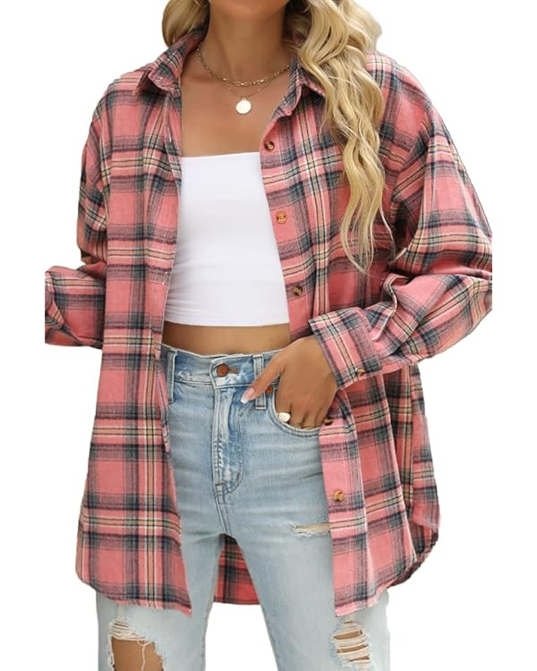 CHYRII Womens Button Down Flannel Shirts Long Sleeve Plaid Shackets Business Casual Blouse Top | Amazon (US)