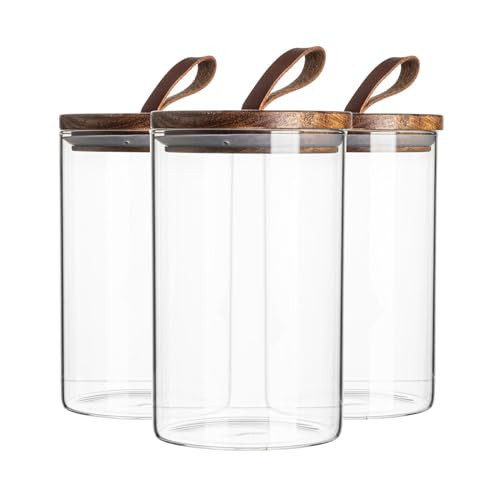 Argon Tableware Scandi Storage Jars with Leather Loop Lids - 1000ml - 3 Pack - Modern Round Organisation Container Glass Jar for Kitchens, Pantry, Bathrooms, Utility Rooms | Amazon (UK)