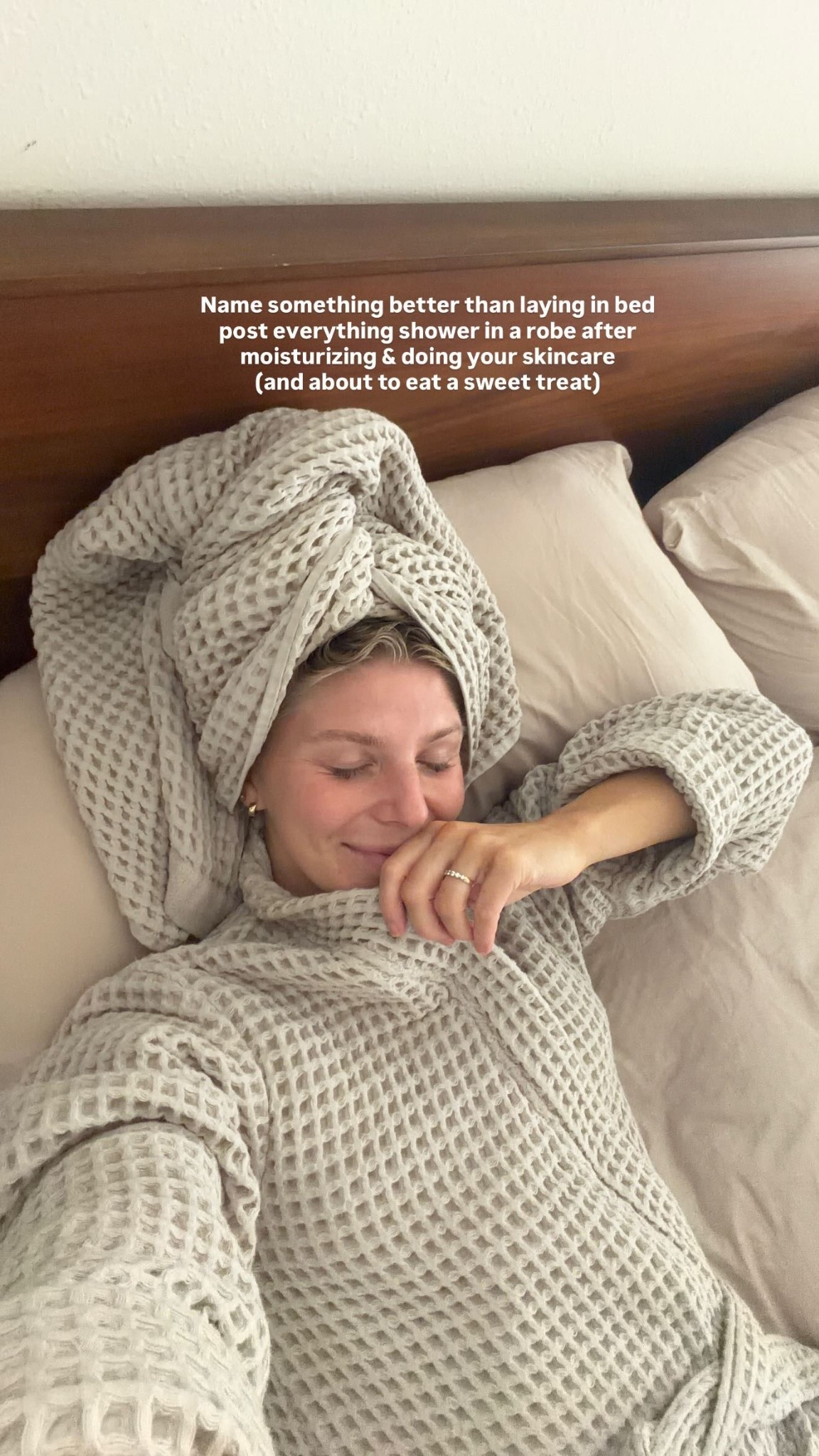 Name something better than laying in bed post everything shower in a robe after moisturizing & doing your skincare 
(and about to eat a sweet treat)

#LTKselfcare #LTKBump #LTKmomlife