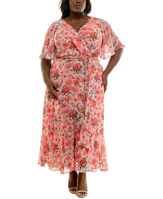 Taylor Plus Size Floral-Print Flutter-Sleeve Maxi Dress - Macy's | Macy's