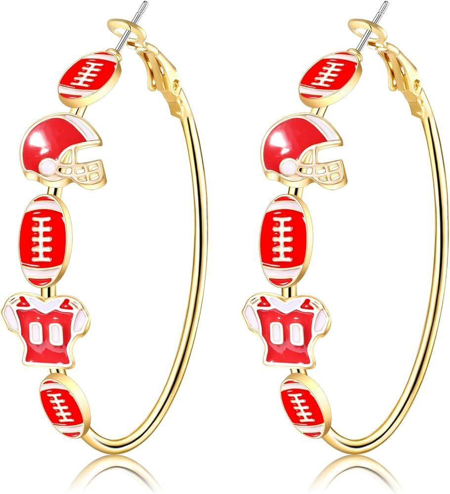 Football Earrings for Women Game Day Hoop Earrings Football Mom Accessories Enamel Red Black Foot... | Amazon (US)