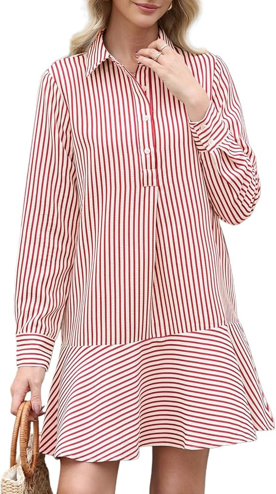 Womens Striped Shirt Mini Dress Long Sleeve Collared Ruffle Hem Button Up Tunic Flowy Swing Dress... | Amazon (US)