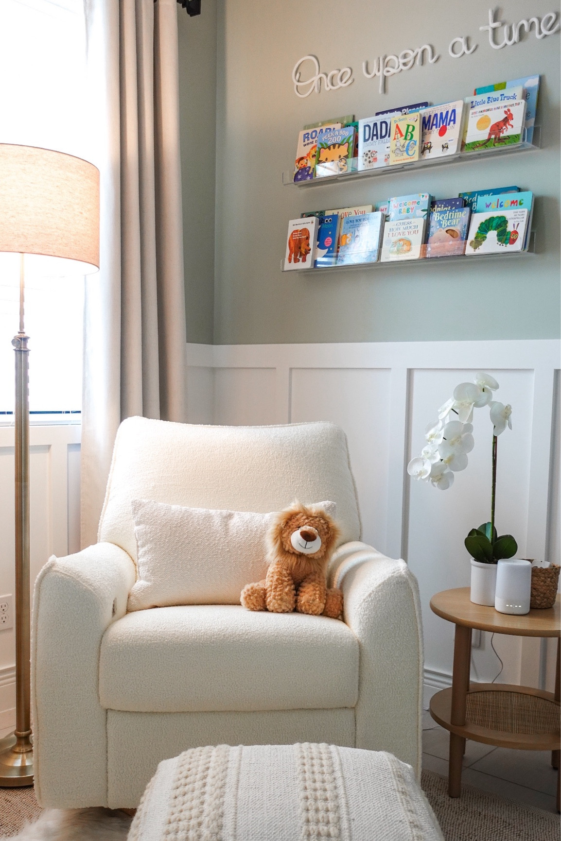 Our little reading nook, all items linked. Perfect little nursery corner. 🤍