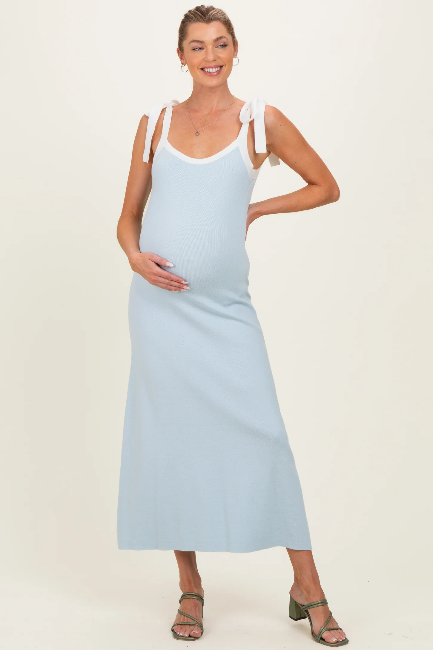 Light Blue Knit Contrast Shoulder Tie Maternity Dress | PinkBlush Maternity