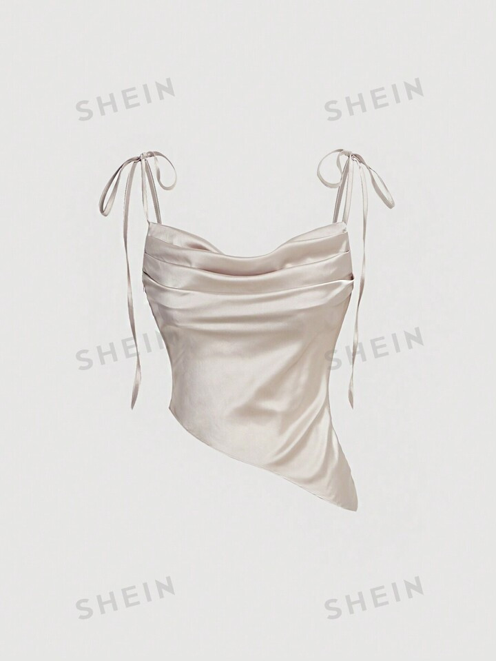 SHEIN MOD Tie Shoulder Draped Collar Slim Fit Asymmetrical Hem Satin Date Night Cami Top | SHEIN