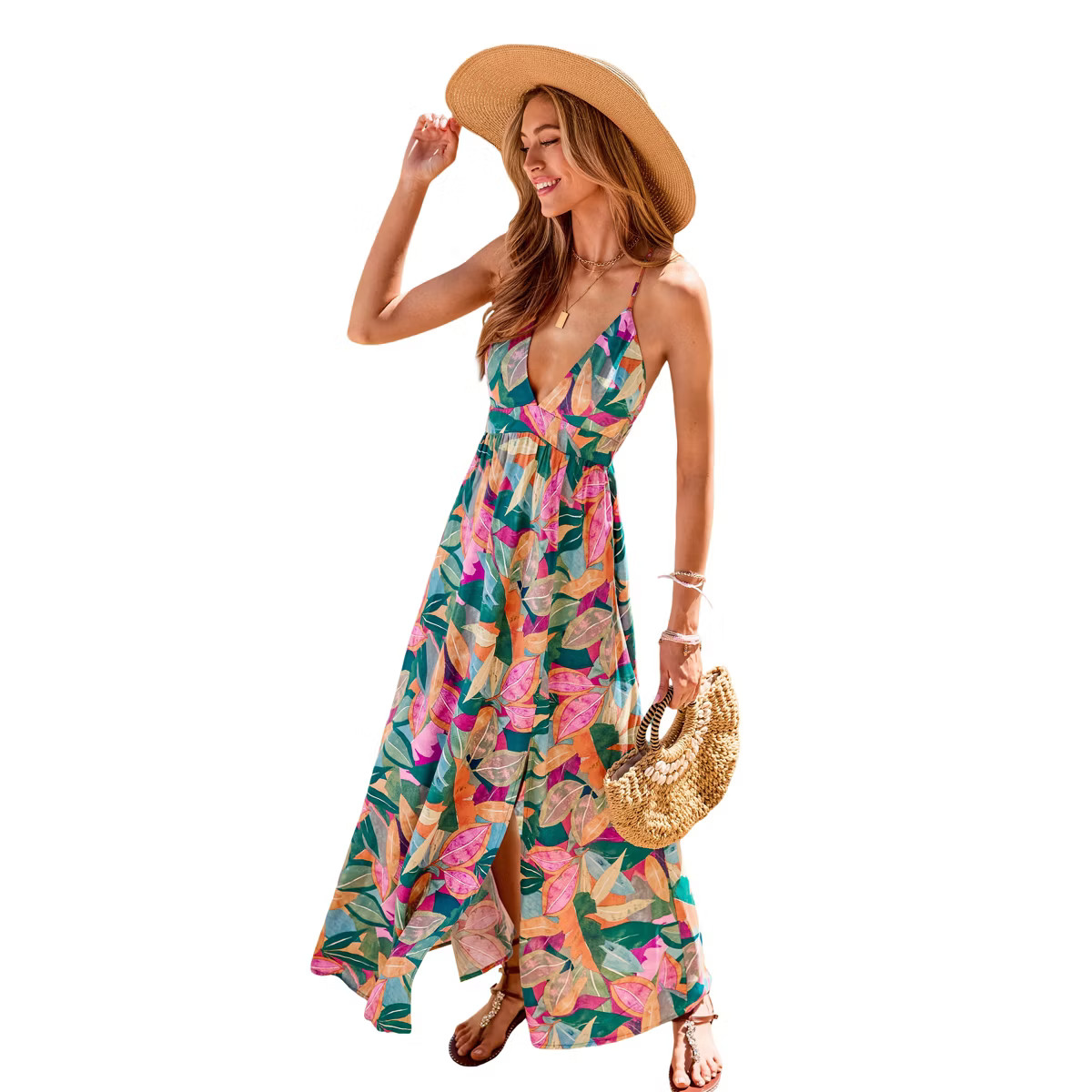Women's Vibrant Tropical Leaf Print Maxi Dress - Cupshe-XL-Multicolored | Target