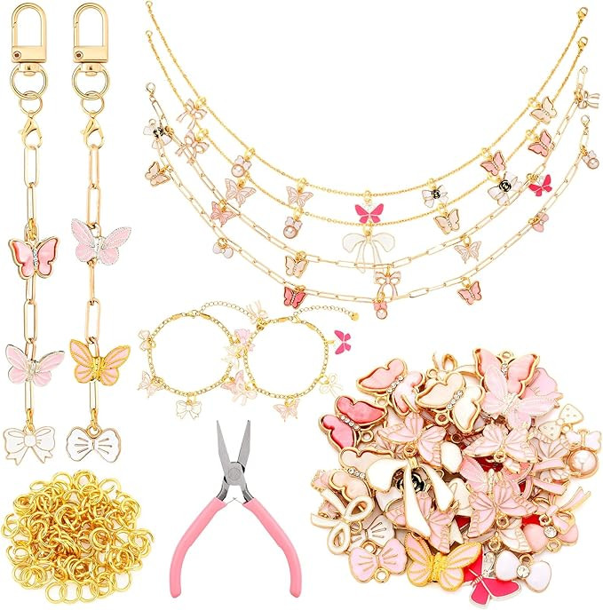 Quelay 91 Pcs Pink Bow Enamel Flat Charms Jewelry Making Kit Gold Keychain Making Kit for Necklac... | Amazon (US)
