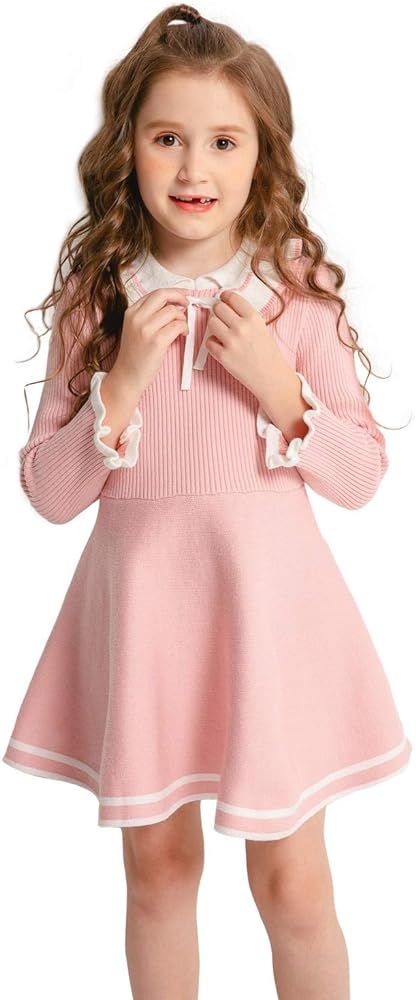 SMILING PINKER Toddler Girls Dresses Sweater Long Sleeve Winter Knitted Skater Dress Ruffle Colla... | Amazon (US)