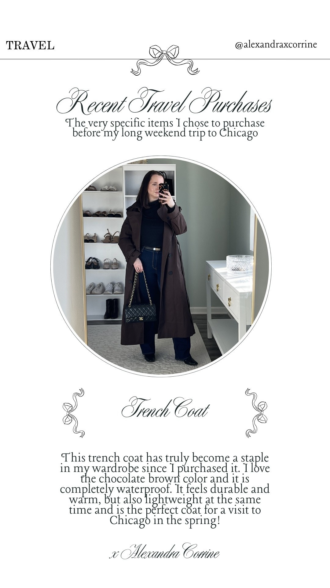Recent travel purchases 👜 the very specific items I chose to purchase before my long weekend trip to Chicago 🤍

Travel essentials, travel outfit, Chicago style, chic fashion finds, trench coat, chocolate brown, jacket, rain jacket, quince 

#LTKTravel