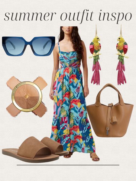 Amazon summer outfit inspo, tropical print jumpsuit, tropical earrings, handbag, sandals, blue sunglasses, bronzer, vacation outfit, date night outfit 

#LTKStyleTip #LTKItBag #LTKFindsUnder50