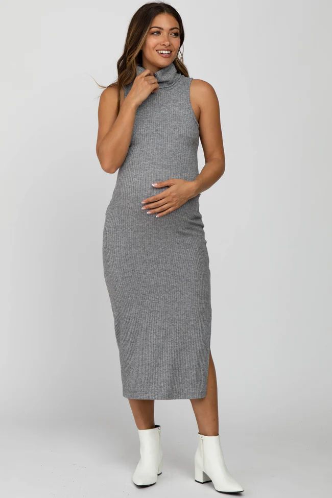 Heather Grey Ribbed Turtleneck Fitted Midi Maternity Dress | PinkBlush Maternity