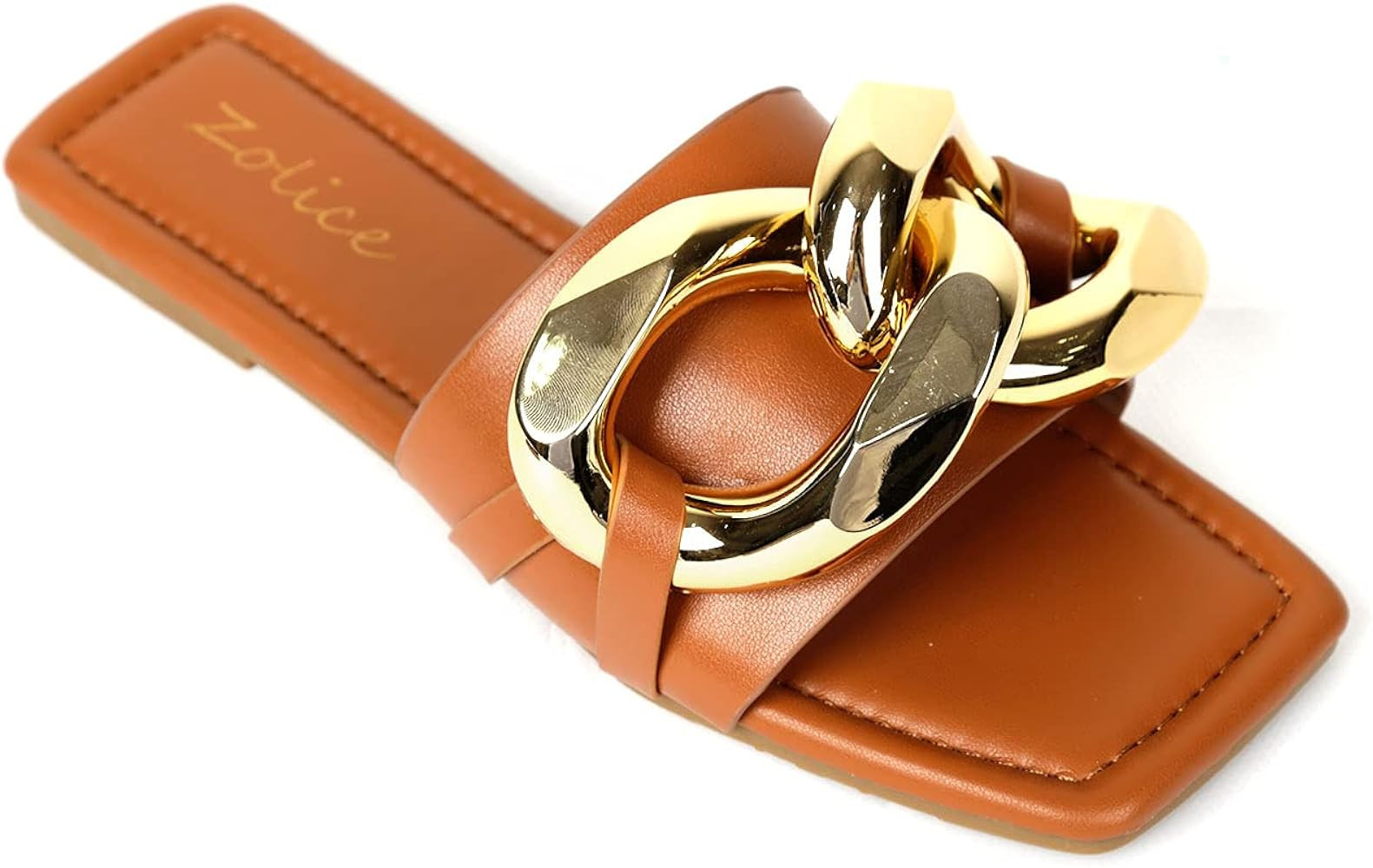 Women's Summer Slippers Open Toe Flat Sandals big Metal Chain PU leather Slides Shoes | Amazon (US)