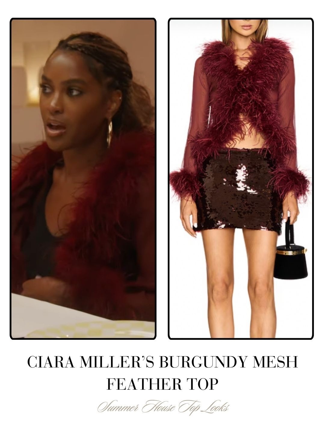 Ciara Miller’s Burgundy Mesh Feather Top 