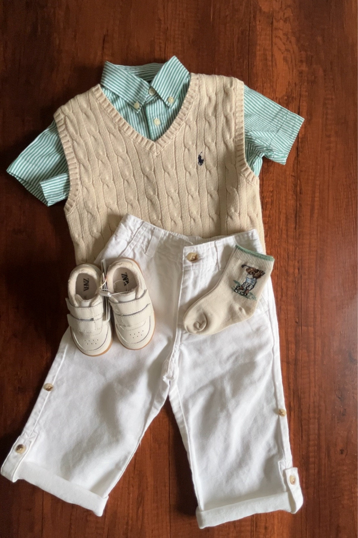 💙 Vintage-inspired toddler baby boy outfit. Golf, old-money style for your little one! Sporting THE iconic, classic cable knit vest over a button down shirt, paired with linen blend pants and the sweetest Polo bear socks! ⛳️ An effortless look that your baby will still feel comfortable in across seasons 💙

#LTKBaby #LTKKids