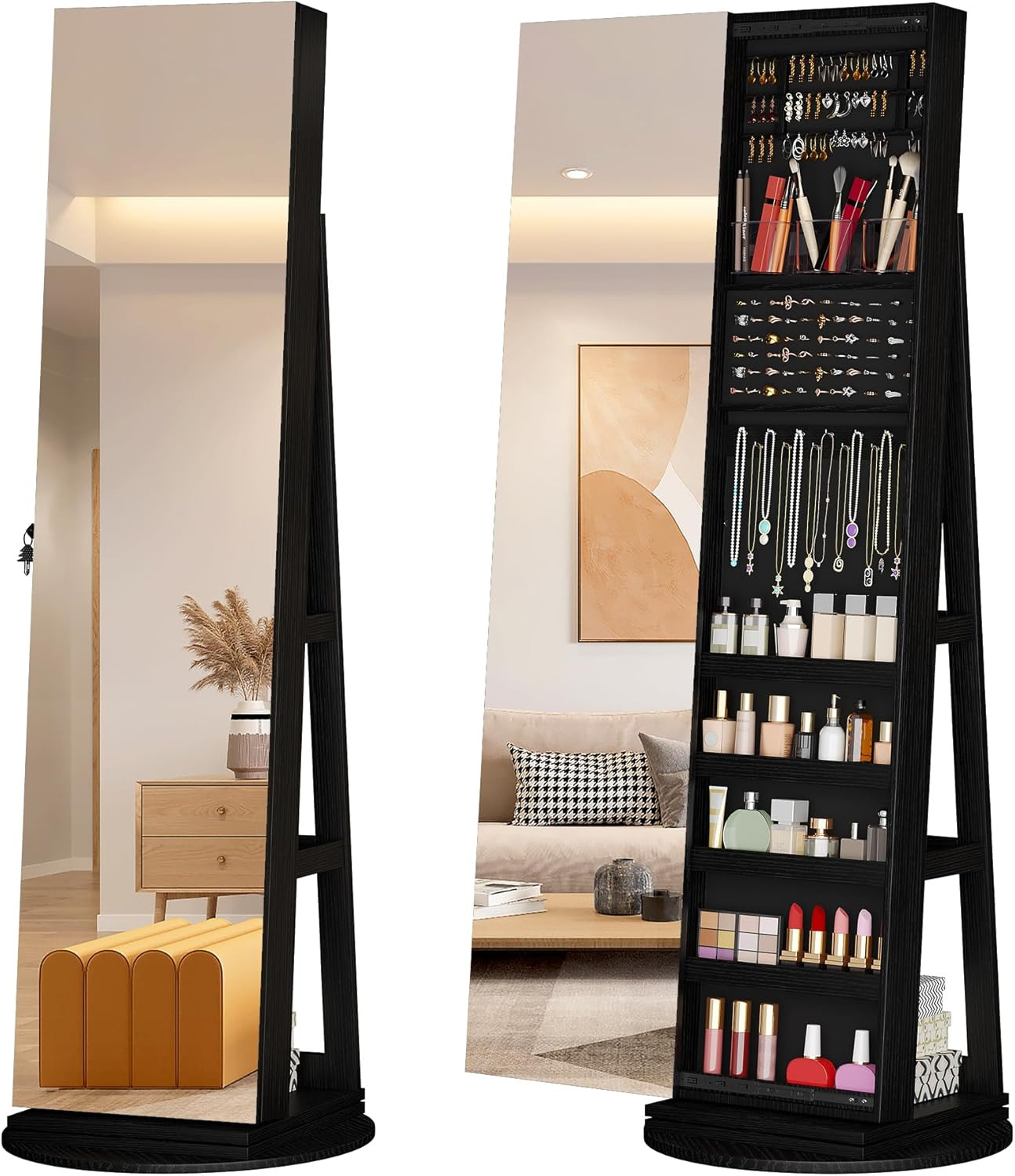 LVSOMT 360° Swivel Jewelry Mirror Cabinet, Standing Jewelry Armoire Organizer, 63" Rotatable Ful... | Amazon (US)