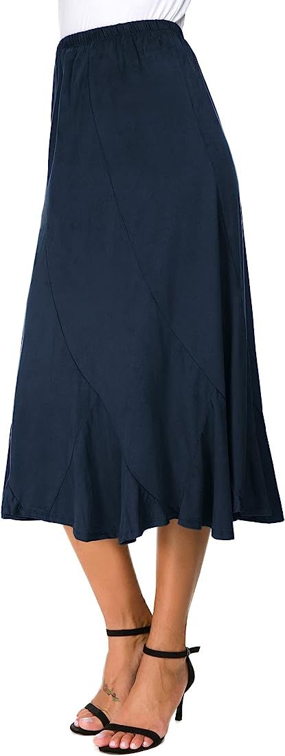 EXCHIC Women's Elegant Ankle Length Ruffle Hem Elastic Waist Suede Midi Skirt | Amazon (US)