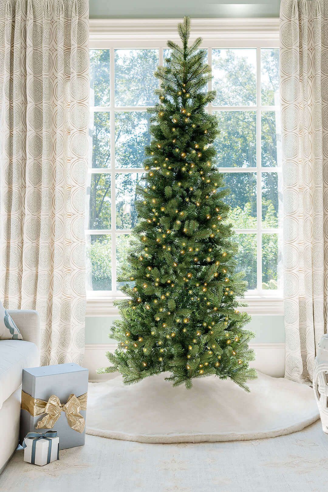 9' King Douglas Fir Slim Artificial Christmas Tree with 750 Warm White & Multi-Color LED Lights | King of Christmas