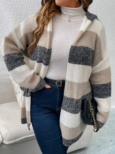 SHEIN Frenchy Plus Color Block Drop Shoulder Hooded Duster Cardigan | SHEIN