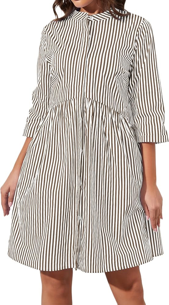 Womens Striped Shirt Dresses Casual Button Down Collared Tunic Blouse Mini Dress Loose Fit 3/4 Sl... | Amazon (US)