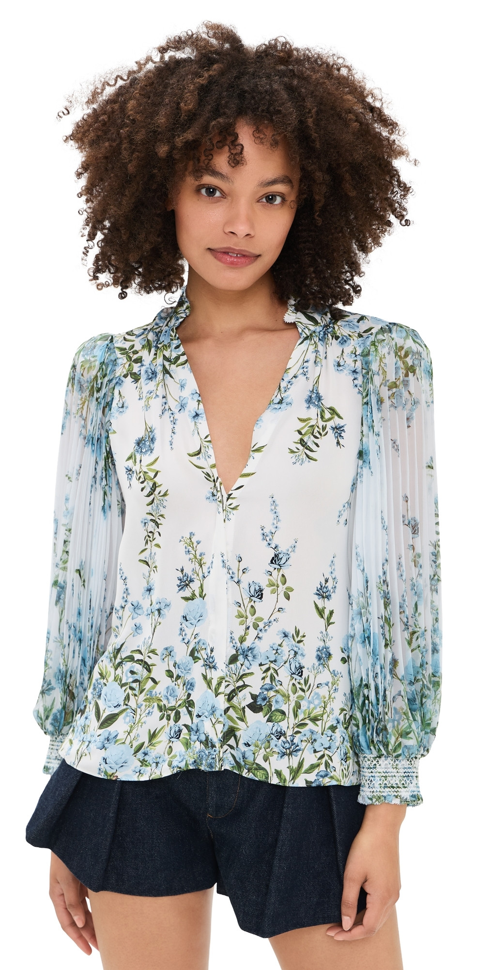 ALICE + OLIVIA Pleated Blouson Sleeve Button Front Blouse Fresh Air Carolina Blue S | Shopbop