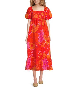 J. Marie Lizzie Square Neck Short Puff Sleeve Babydoll Midi Dress | Dillard's