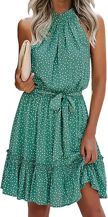 BTFBM Women 2024 Summer Halter Neck Dresses Sleeveless Casual Floral Polka Dot Print Short Boho R... | Amazon (US)