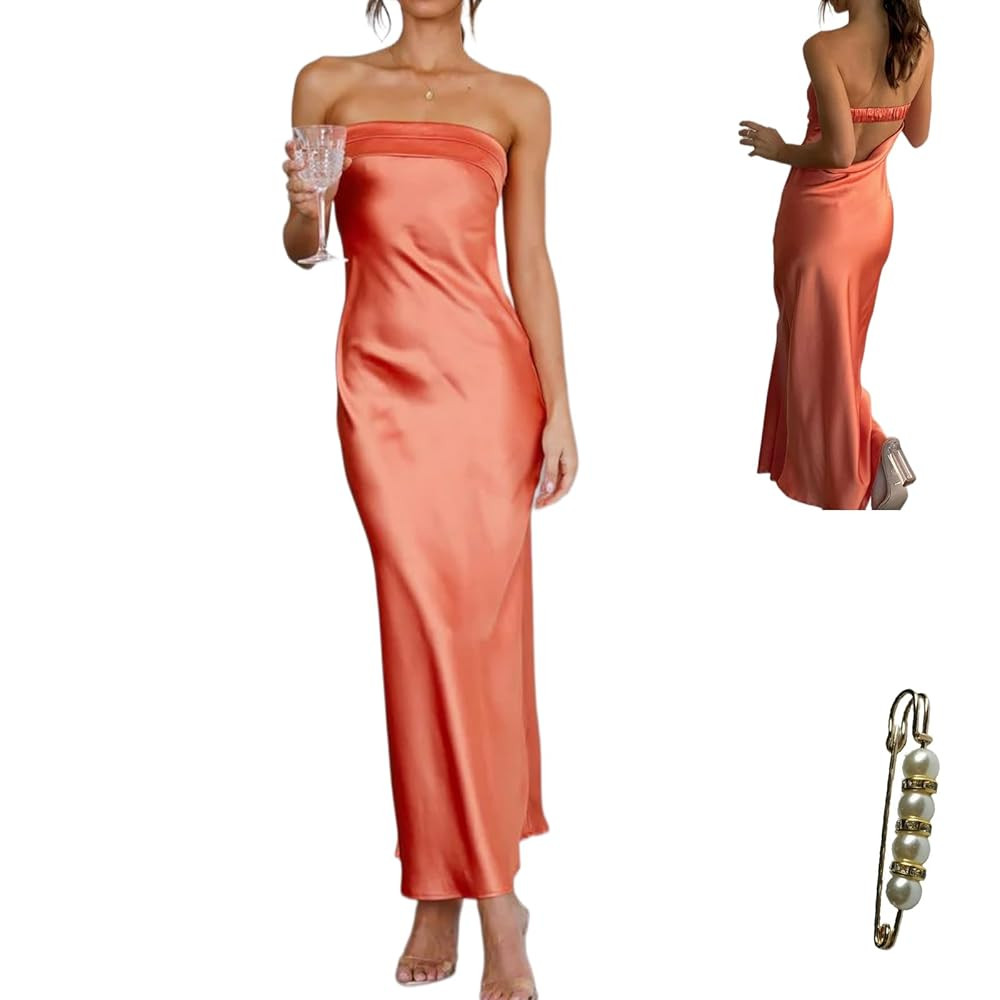 Women's Satin Tube Sexy Backless Formal Wedding Guest Evening Party Maxi Dresses Gala Dress | Amazon (US)