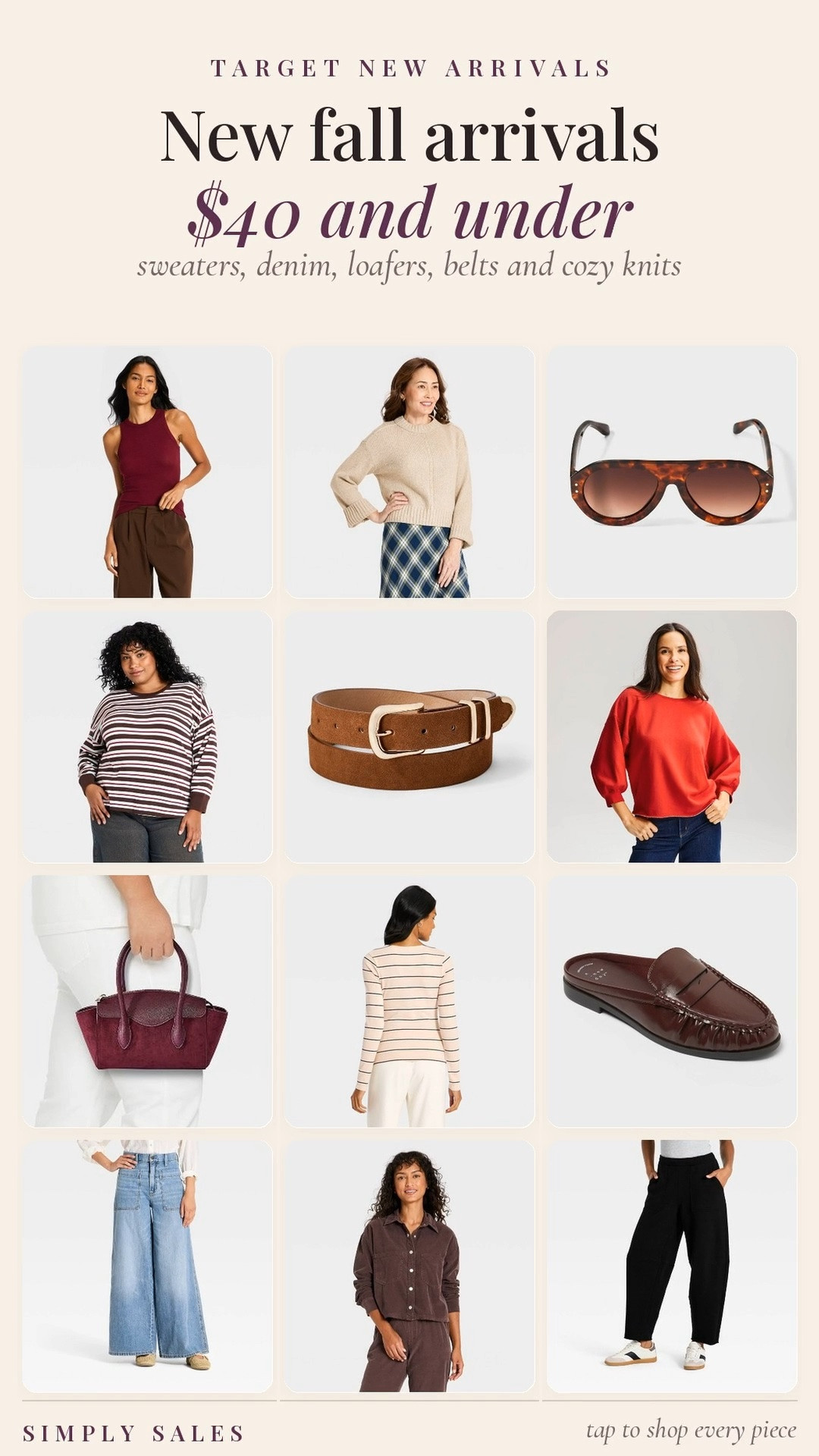 Target just dropped a bunch of new fall pieces and everything here is $40 and under.

The A New Day ribbed tank is $8, the refined ribbed striped top is $12 and the tortoise aviator sunglasses are $17. Long sleeve striped tee $18, red vintage sweatshirt $25, and the cream heritage crewneck sweater, brown suede gold buckle belt, burgundy faux suede satchel and black barrel leg sweatpants are all $30. Burgundy loafer mules $35, brown lightweight shirt $35 and the light wash palazzo wide leg jeans $40.

target fall new arrivals, universal thread sweater, a new day belt, ribbed tank top, striped long sleeve tee, vintage sweatshirt, barrel leg sweatpants, wide leg jeans, loafer mules, faux suede satchel, aviator sunglasses, target fashion finds, affordable fall outfits

#LTKgrwm #LTKootd #LTKmomlife