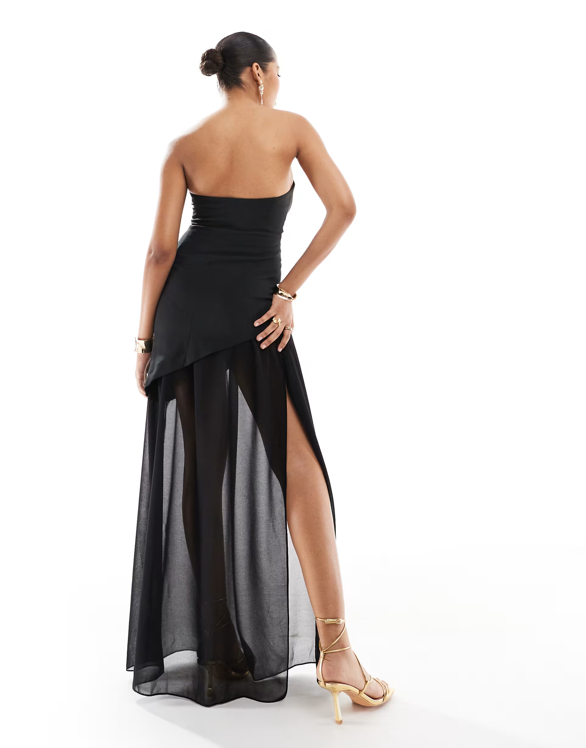 ASOS DESIGN structured bandeau maxi dress with chiffon thigh split skirt in black | ASOS | ASOS (Global)