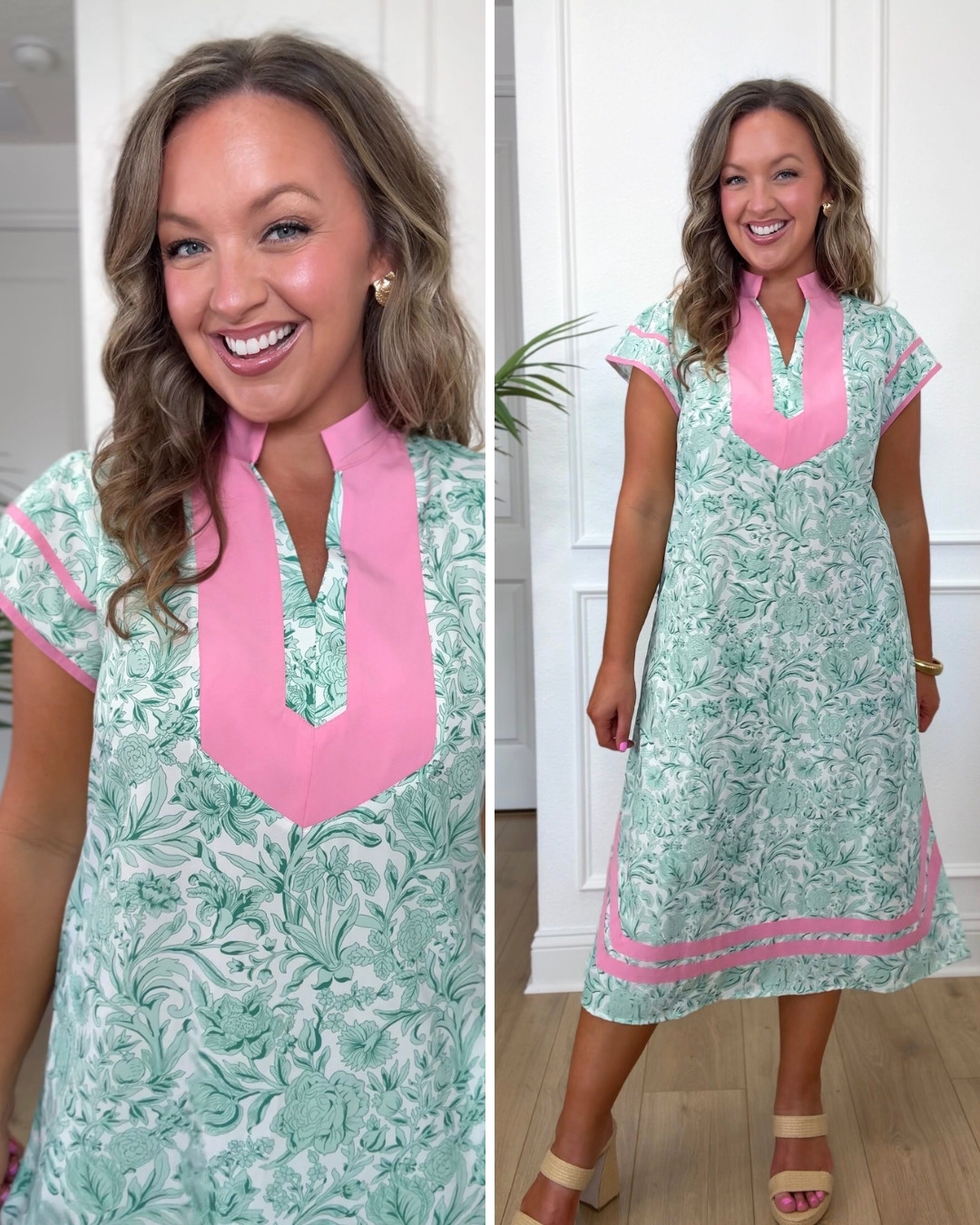 Floral dress with pink collar and hem, perfect for spring and summer. I'm 5'5" Size 8/10 wearing Medium. #amazonfashion #springdress #summerdress 

 #LTKSeasonal #LTKOver40 #LTKMidsize