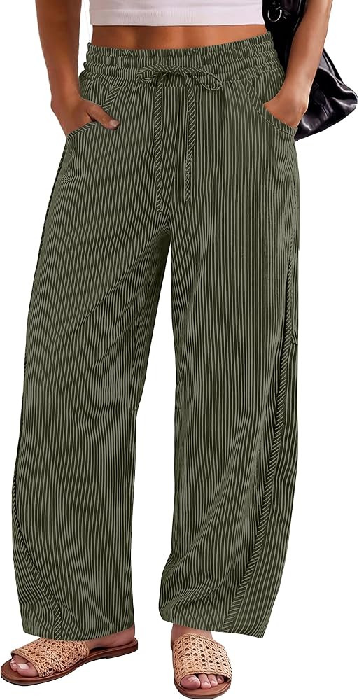 ANRABESS Womens Striped Barrel Casual Pants 2026 Trendy Summer Elastic Drawstring Baggy Lounge Wi... | Amazon (US)
