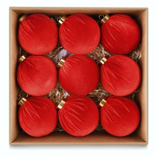Velvet Ornaments for Christmas Tree Decorations - Red Xmas Ball Ornament for Indoor Holiday Decor - Shatterproof Christmas Bulbs Ornaments 80mm 3.15inch - Pack of 9 | Amazon (US)