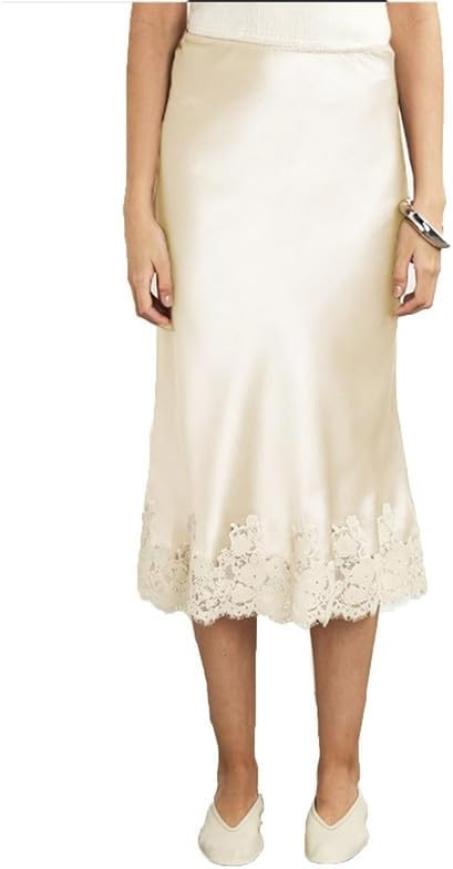 Women Silk Satin Half Slip Long Skirts Lace Patchwork Elastic Waist Long Skirt Elegant Silky Flow... | Amazon (US)