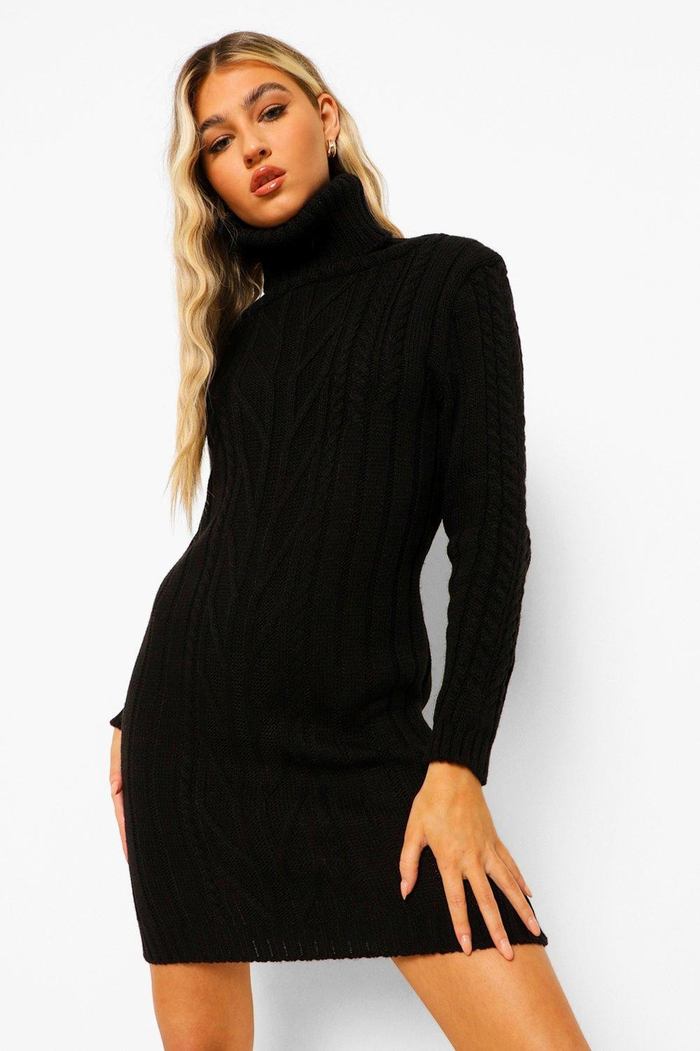 Womens Tall Cable Knit Turtleneck Dress - Black - S/M | Boohoo.com (US & CA)