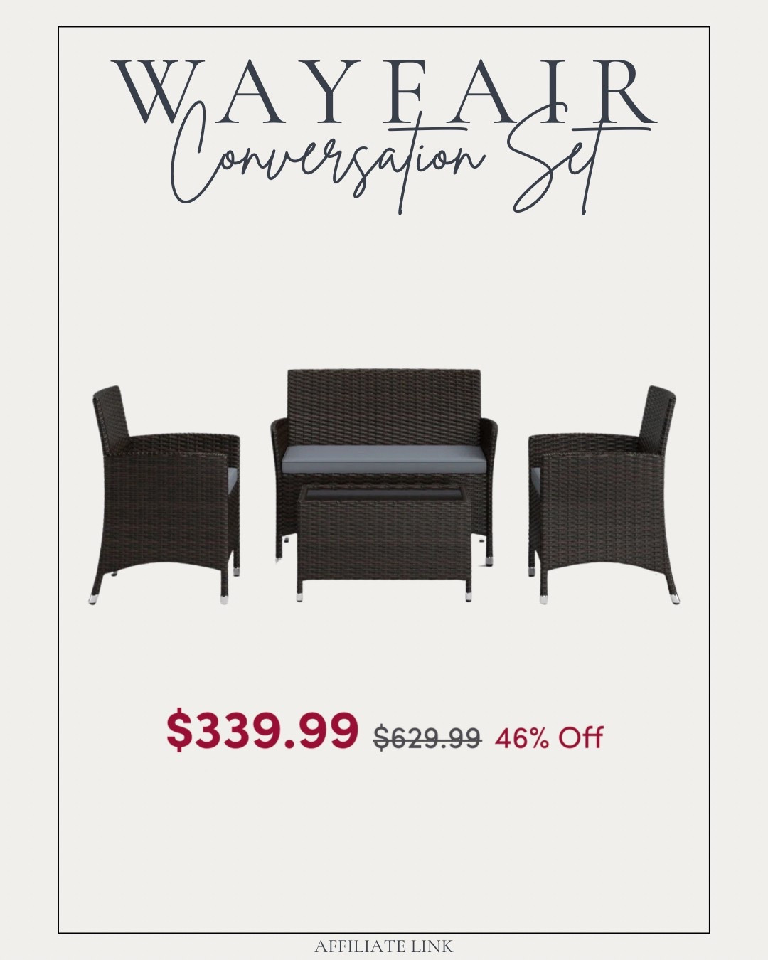 Get this 4-piece conversation set during Wayfair Canada's Big Outdoor Sale event. 

#outdoorfurniture #conversationset #wayfaircanada #ltkhome #ltksalealert

#LTKcanada #LTKsale #LTKcasa